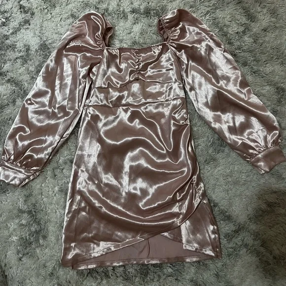 short rose gold silk dress Bebe Satin Cowl Neck Wrap Dress Rose Gold